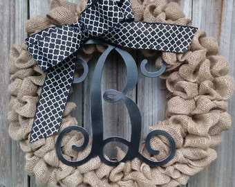 Monogram Burlap Wreath, Wreath With Monogram, Wreath with Initial, Burlap Wreath with Initial, Black Monogram Wreath, Door Wreath, Burlap