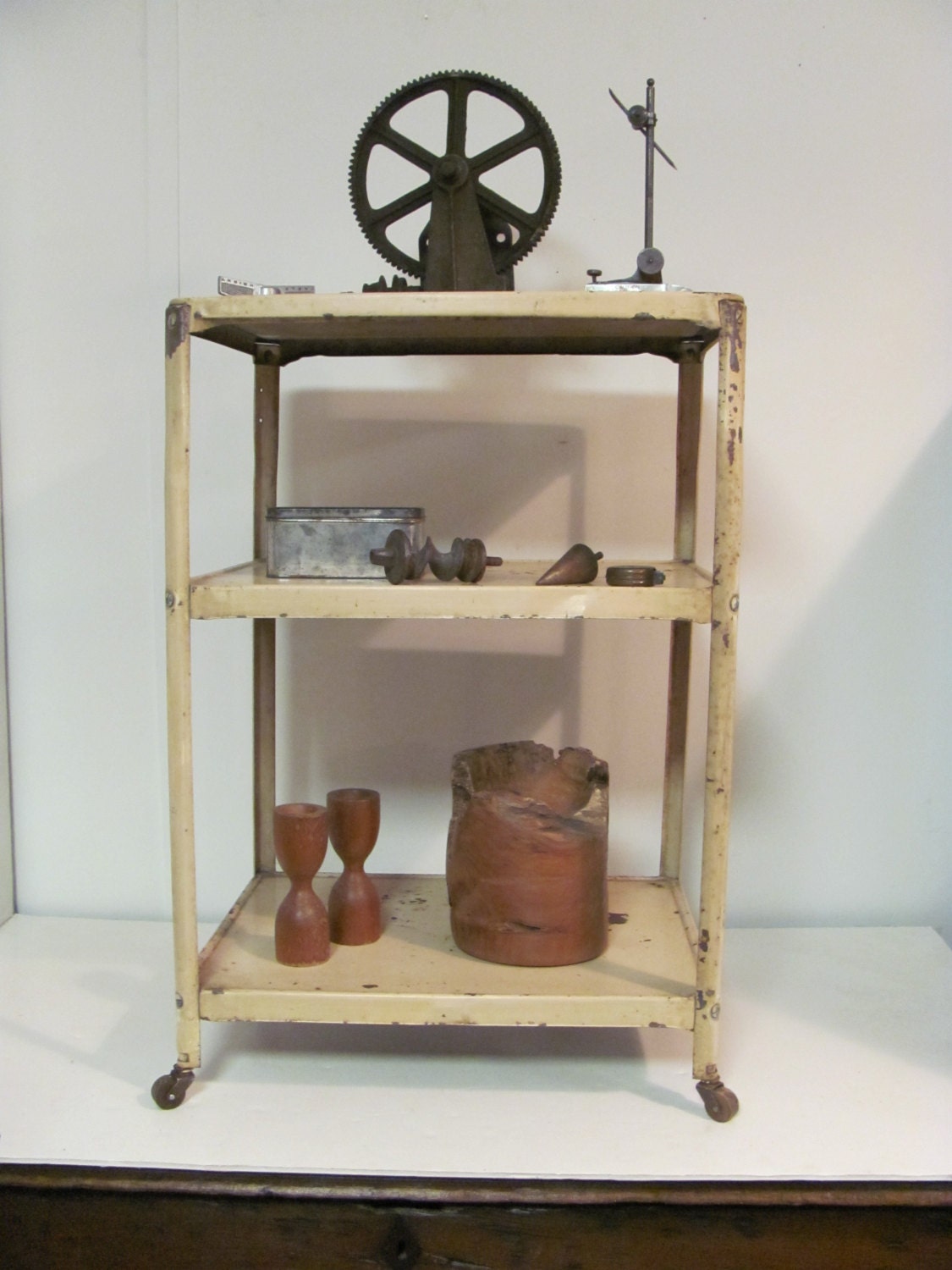 Antique Rustic Industrial Steel Utility Shelf Unit With Wooden Casters