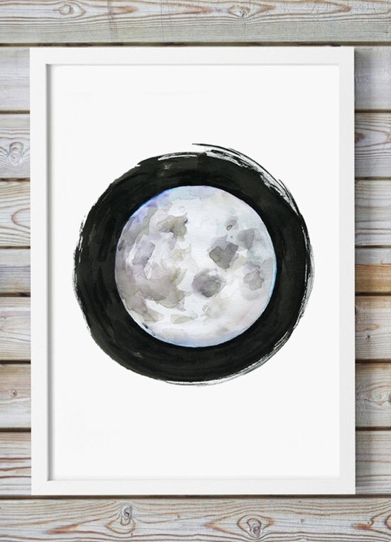 Moon Art Enso Giclee Print Zen Circle Moon Watercolor