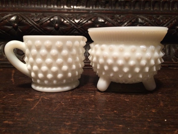 English Hob Nob Nail Cut Milk Glass Sugar Bowl And Creamer