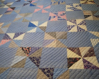 Antique hand stitched cotton quilt/Quilt in shades of blue/Coastal or beach inspired quilt/Picnic blanket/Bed & Breakfast decor/Cottage chic