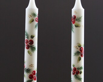 Hand Painted Christmas Taper Candle Holly and Pine