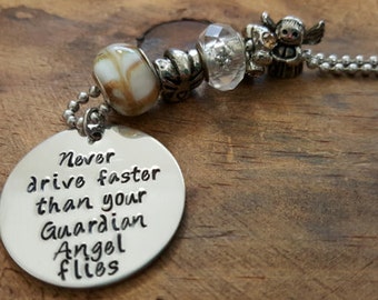Never Drive Faster Than Your Guardian Angel Flies Car Charm, Rearview Mirror Charm, Handstamped Car Charm, Protection Charm