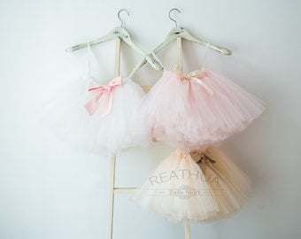 Baby TUTU Tulle Skirt/Newborn Baby Girl Infant Birthday Gift/Baby Photo Prop/Flower Girl Skirt in Blush Pink/Ivory/Champagne with Bow