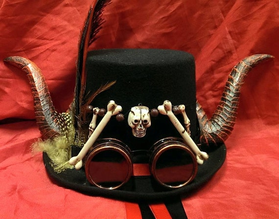 Steampunk Halloween Festival Voodoo Witch Doctor Inspired Wool/Felt Top Hat Goggles Horns Sculls Burning ManCosplay by Mad4Hats steampunk buy now online