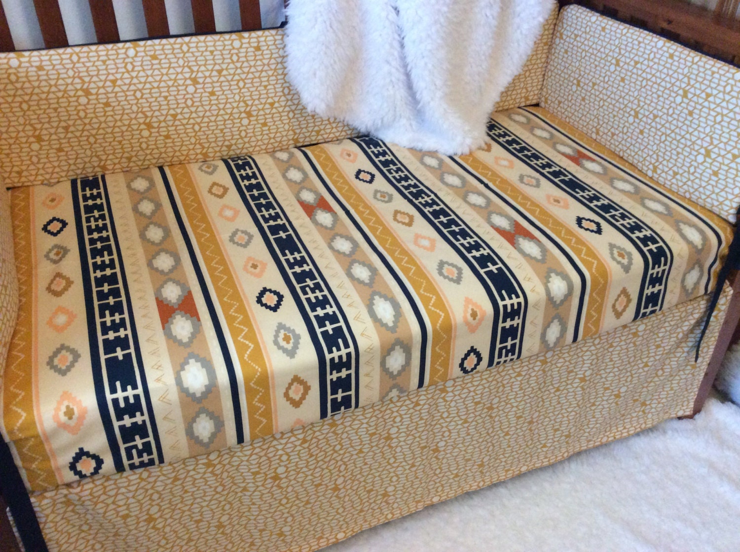 Crib Sheet Bound Aztec Gold Navy Clay Grey Cream