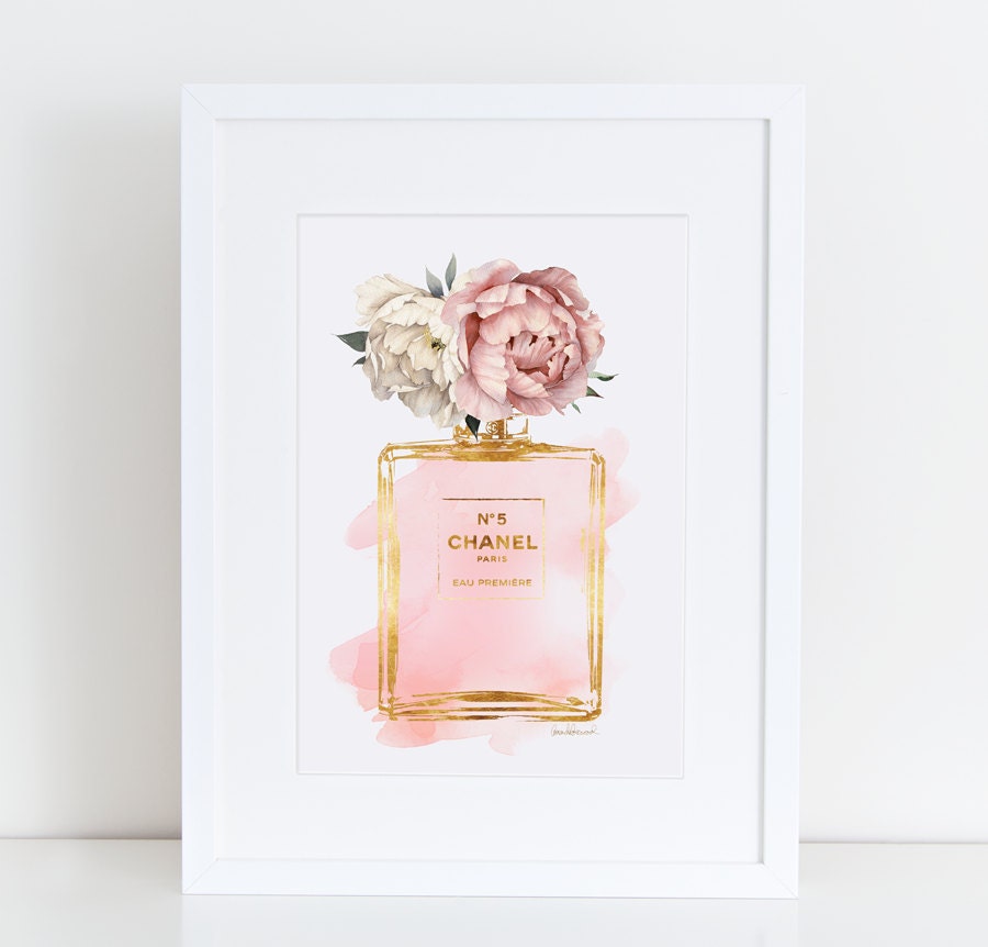 Pink Peony watercolor Gold effect Perfume perfume bottle