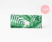Palm leaves, organic cotton pencil-case, zipper pouch, white and green, exotic print organic fabric, jungle pencil pouch, back to school