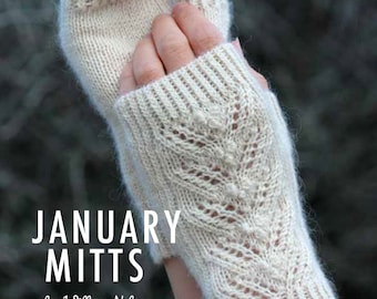 Mitts Knitting Kit. January Mitts Pattern Plus One Hank Of Titus Wool in White Rose, William Nelson, available with KnitPro Zing needles.