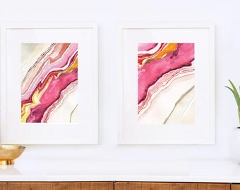 Framed Diptych of Agate I and II, Abstract Watercolor, Pair of prints: Magenta