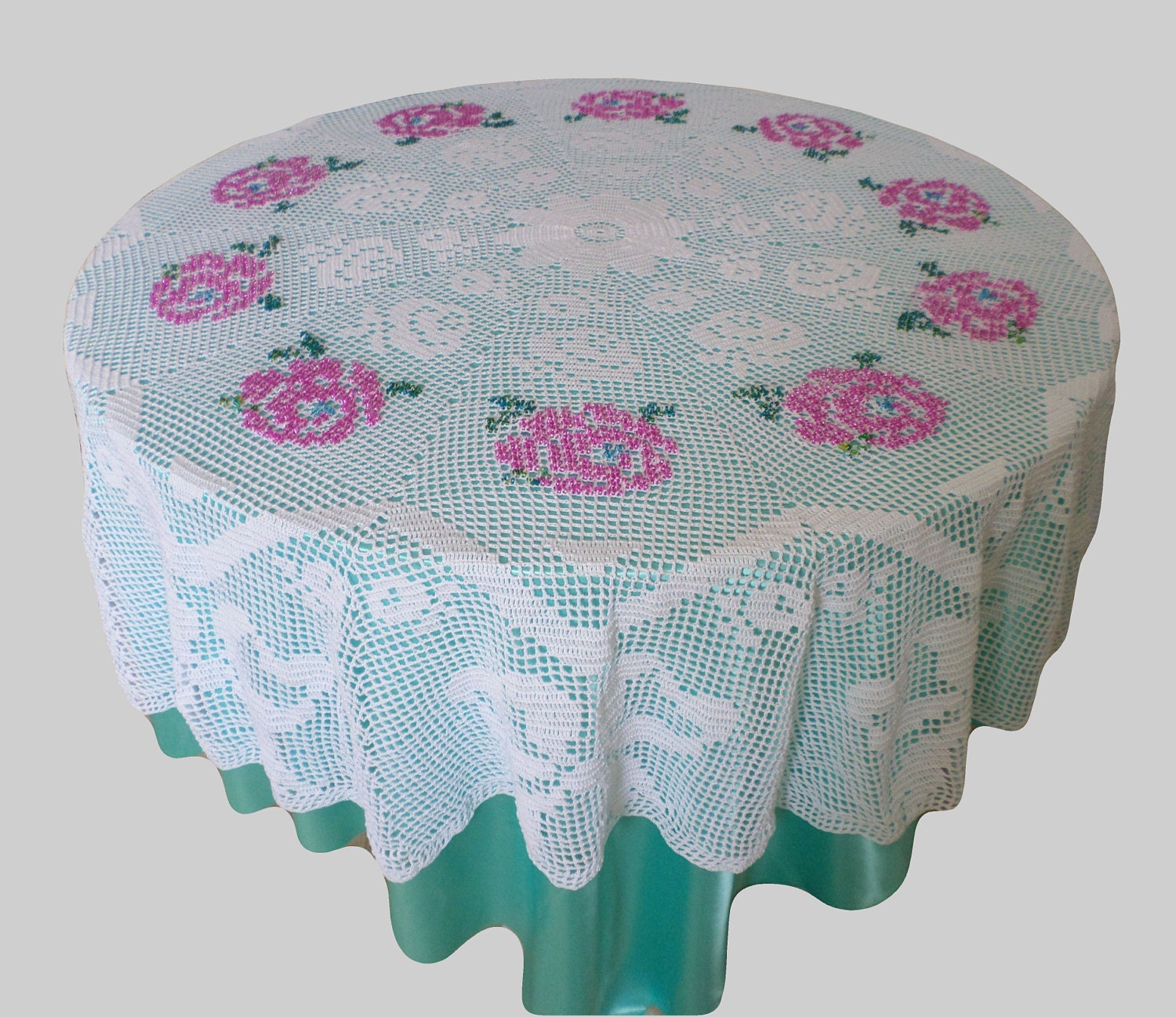 Beaded Rose Crochet Tablecloth OOAK 72 inch Hand crocheted