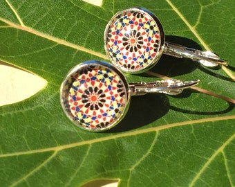 Mandala Cabochon Zen, Colorful Earring, Geometric Jewelry, Bohemian Gypsy, Small Flower Zen, Yoga Earring,Glass Dome Cabochon,Mandala Boho