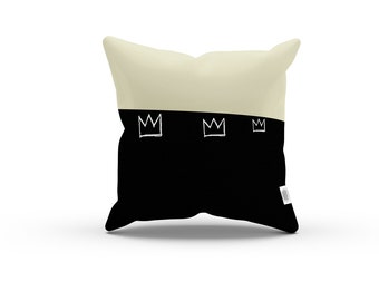 Art Series: Jean-Michel Basquiat’s Crown No. 2 Pillowcase w/Stuffing - Yellow Cream Black Pillow, Home Decor, Abstract Illustration Pillow