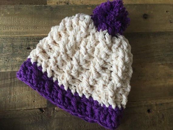 hat cream pom pom Winter Pom Hat Pom    Fall Hat Hat Cable and  Hat Cream Hat  Purple