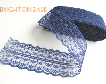 2.5 yds Navy BLUE burlap lace trim 1 3/4" 45 mm, shabby chic dark blue lace. UK Seller