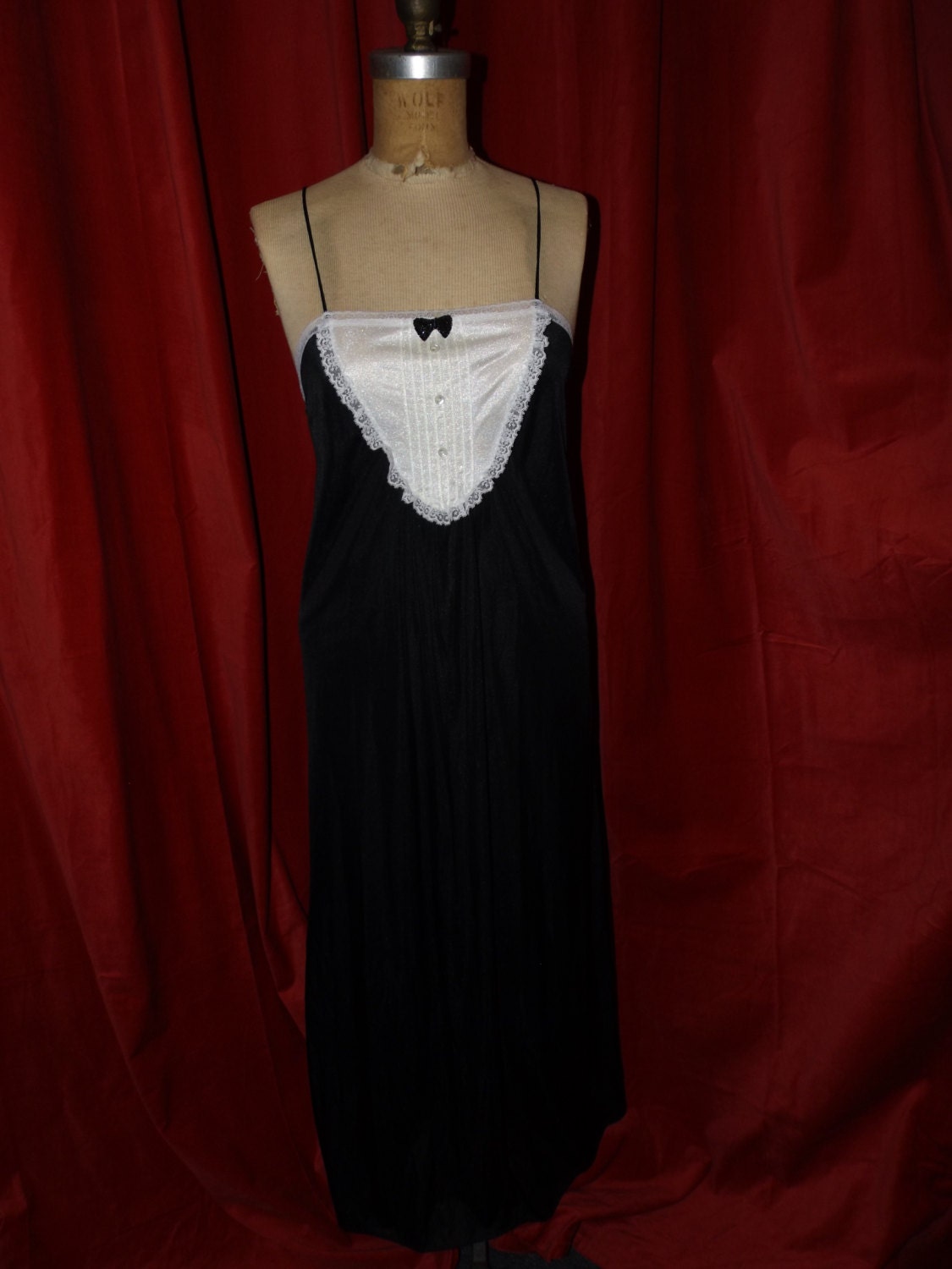 1980s black tuxedo nightgown with small attached bowtie