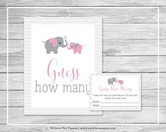 Elephant Baby Shower Guess How Many Game - Printable Baby Shower Guess How Many Game - Pink and Gray Elephant Baby Shower - SP101