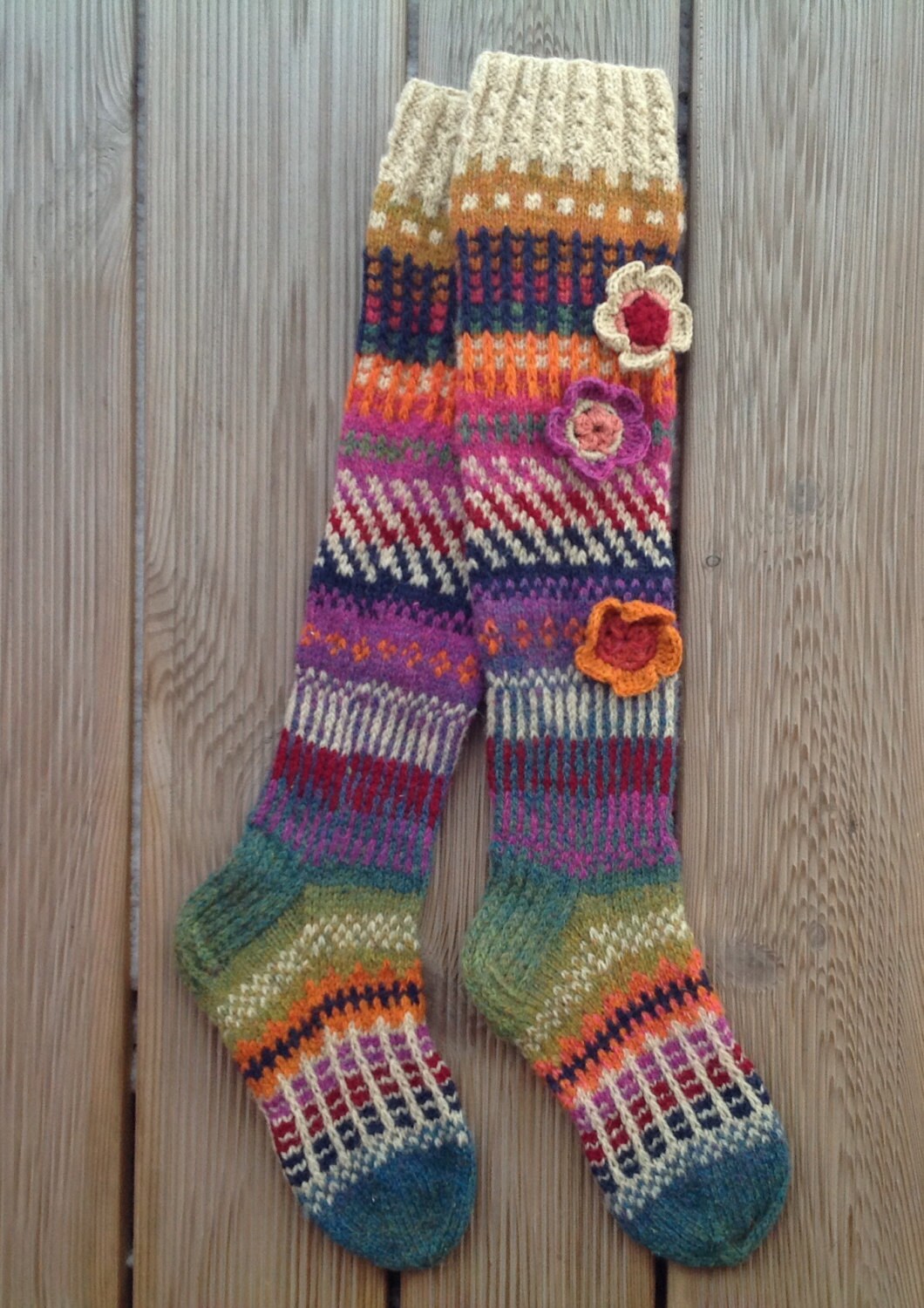 Wool socks Hand knit Knee high socks socks Crochet flowers