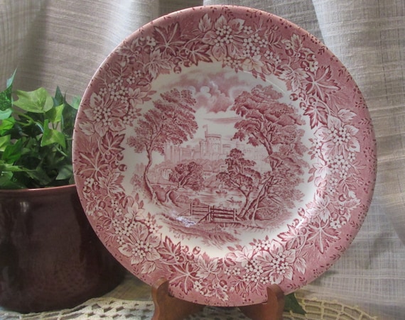 England Ironstone, Pink Castle Replacement Plate,Red Transferware, Pink English Vintage Dinner Plate, Shabby Chic Cottage Kitchen Decor