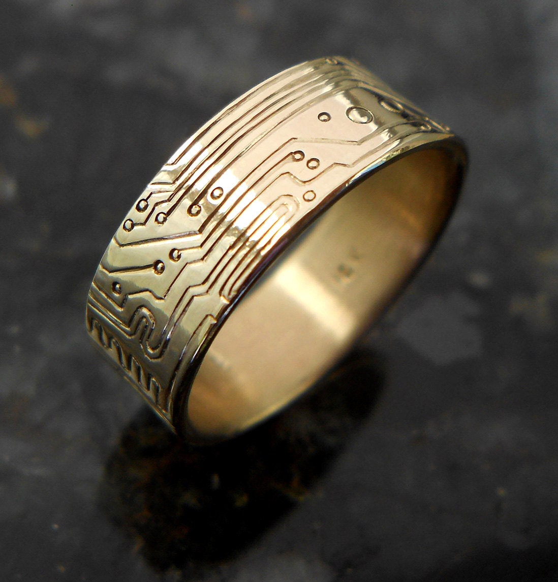 Pair of Custom 18K Gold Circuit Board Wedding Rings