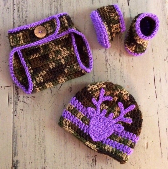 Items similar to Newborn Crochet Purple Camo Hat, Diaper