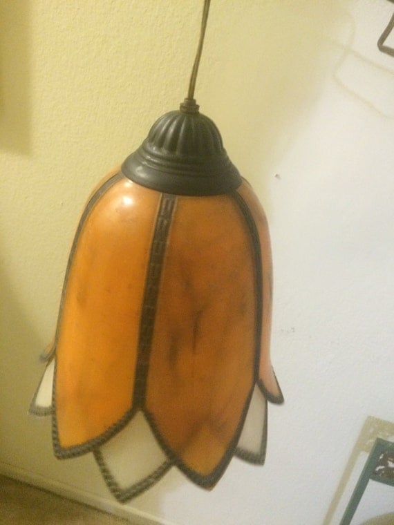 Vintage 8 Panel Tulip Amber Caramel Slag Glass Hanging Lamp