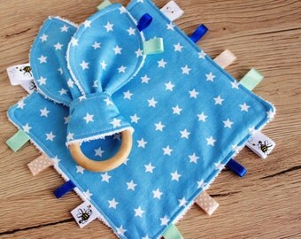 Taggie blanket, Baby boy gift set, Tag blanket, Bunny ear teether, Security blanket, Baby Boy lovey, Sensory blanket, Baby Christmas gift