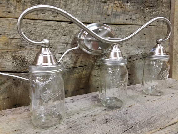 Mason Jar Light 3 Light Brushed Nickel Rustic Mason Jar