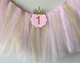SALE! High chair tutu, Pink and gold birthday party, high chair banner, 1st birthday high chair banner, first birthday glitter tutu