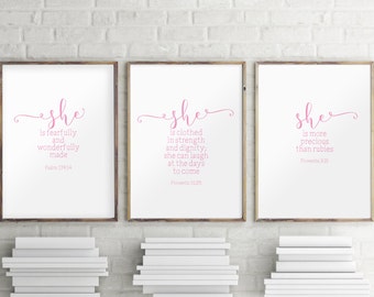Set of 3 print, Pink art, Scripture art print, Baby girl nursery decor, Nursery wall art, Baby shower gift, Nursery quotes print BD-1042