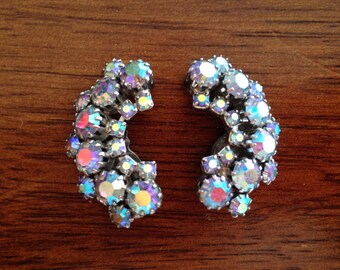 Weiss Blue Aurora Borealis Rhinestone Crescent Earrings 0347