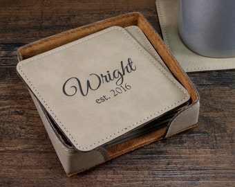 Personalized Coasters, Monogrammed Leather Coasters, Leather Coasters, Custom Engraved Coasters, Personalized Gift for Couples