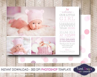 BIRTH ANNOUNCEMENT TEMPLATE, Photoshop Template, Photographer Template, Girl Birth Announcement, Chalkboard Baby Thank you, Commercial use