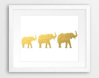 Elephant Printable, Gold Elephant Print, Three Elephants Silhouette Gold Foil Texture, Gold Animals Wall Art, Nursery Decor, Digital Print