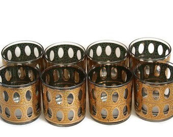 Culver Low Ball Glasses - Mid Century bar Glasses- Set of 8 - 22k Gold Trim Glasses - Retro Barware - Gold Oval Glasses