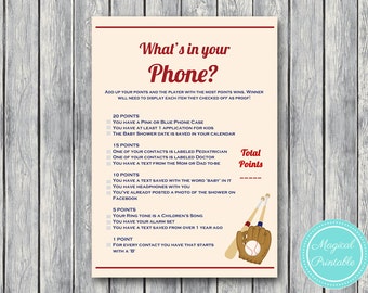What's in your phone, cell phone game, Vintage Baseball Baby Shower Game Printables, All Stars, baseball theme, Baby Shower TLC130