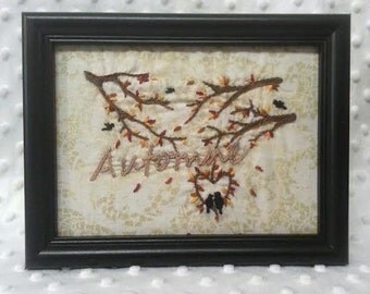 Automne (Autumn in French) fall leaves with birds handmade embroidered framed art 5x7 black frame