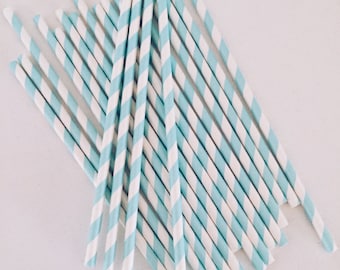 Turquoise Blue and White Striped Paper Straws