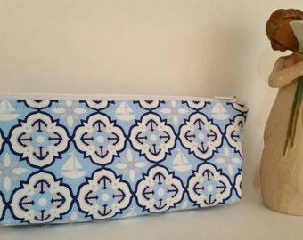 Pencil case,brush pouch, knitting notions bag,summer nautical print,Makeup bag, long zipper pouch, Cosmetic purse.