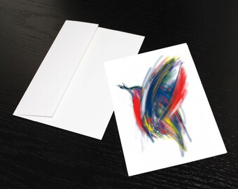 Lot de 3 cartes de souhaits "Oiseau rouge, bleu, jaune". Format, une fois plié 5x7, intérieur blanc. Enveloppes comprises.