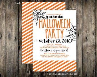 Halloween Party Invitation Orange Striped Halloween Invite Spider Web Spooktacular Halloween Party 5x7 Digital File or Printed
