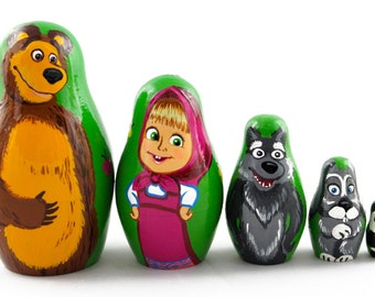 Matryoshka Matreshka Russian Nesting Doll Babushka Masha and the Bear Medved Set 5 Pieces