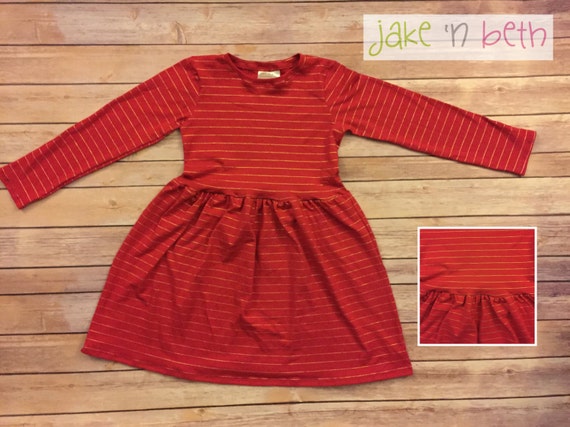 Girls long sleeve dress, Valentine's Day dress, red or pink with gold stripes