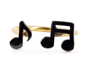 925 Silver Handmade Musical Notes Ring / Yellow Gold and Black Rhodium Plated - Worldwide Free Shipping