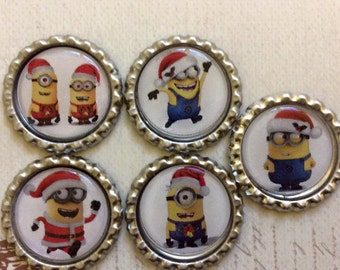 SET of 5 - CHRISTMAS Minions Bottle Caps For Pendants, Hairbows Hair Bow Centers - Ready to use