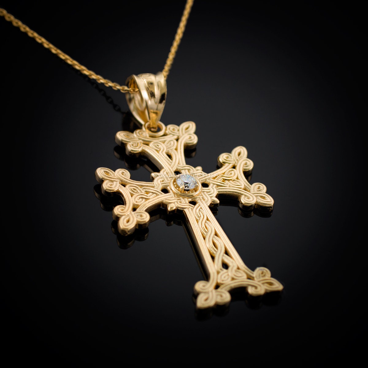 Gold Armenian Cross Diamond Solitaire Pendant Necklace 10k