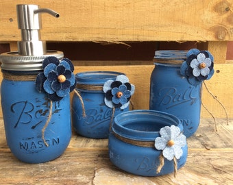 Painted Mason Jars. Mason Jar Bathroom Set. Home Decor. Vases. Bathroom Decor. Shabby Chic. Soap Dispenser. Kitchen Decor.
