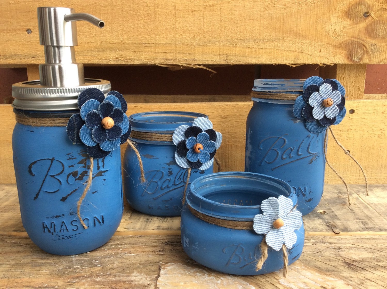 Painted Mason Jars. Mason Jar Bathroom Set. Home Decor. Vases.