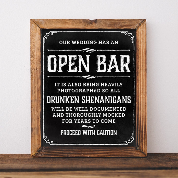 Chalkboard wedding signs. Printable Open bar wedding sign.