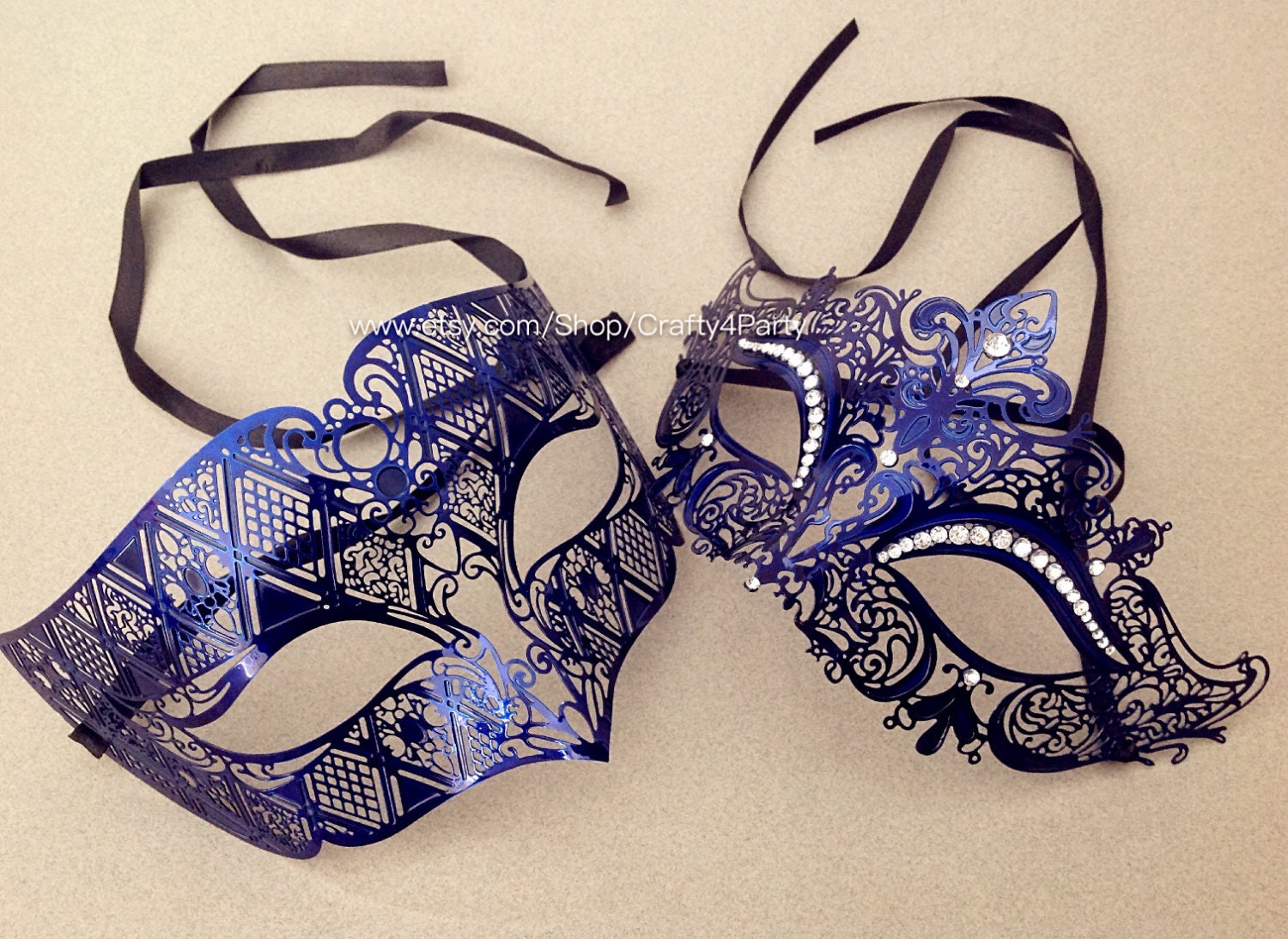 Royal Blue Masquerade Ball Mask Pair Laser Cut Metal Mask